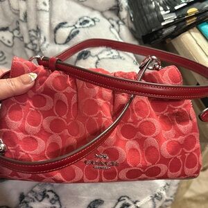 Coach Coral Signature Jacquard Shoulder Bag with Leather Trim